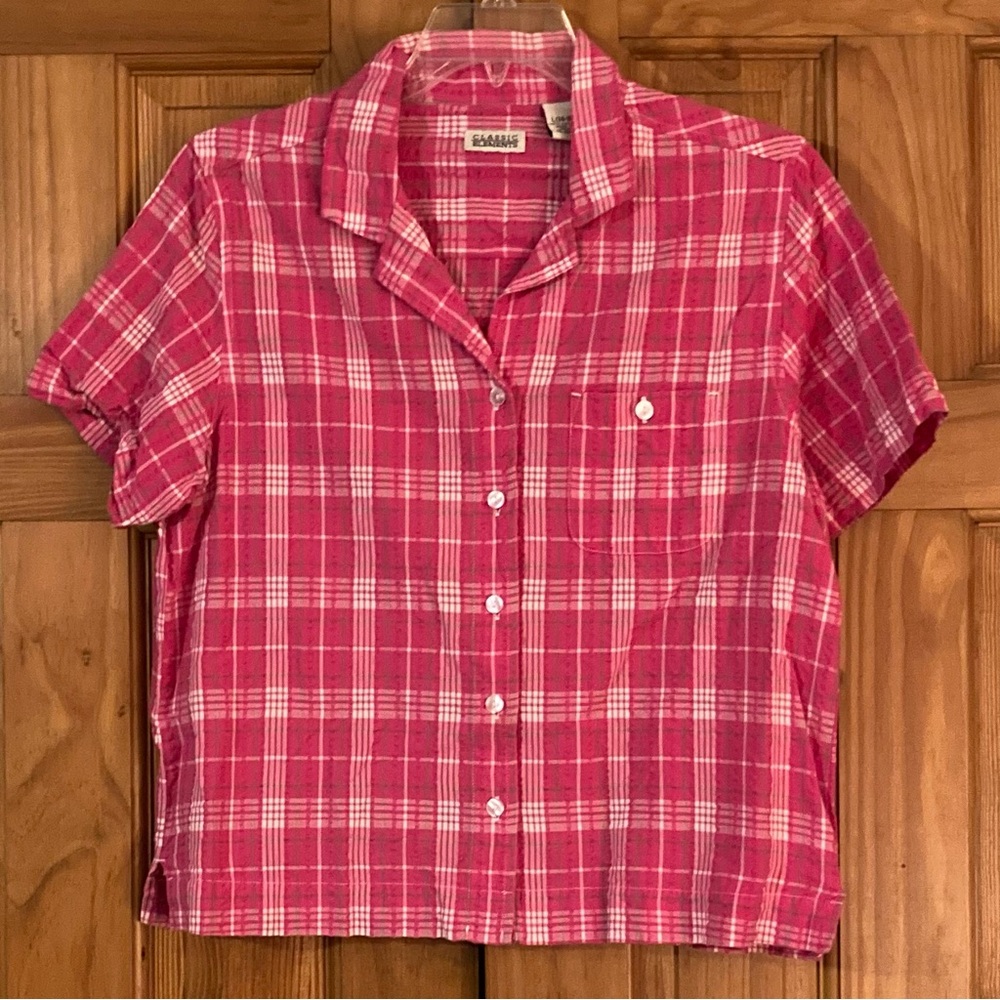 NWOT Classic Elements Vintage 90s Top Short Sleeve Blouse Plaid Pink White Sz L